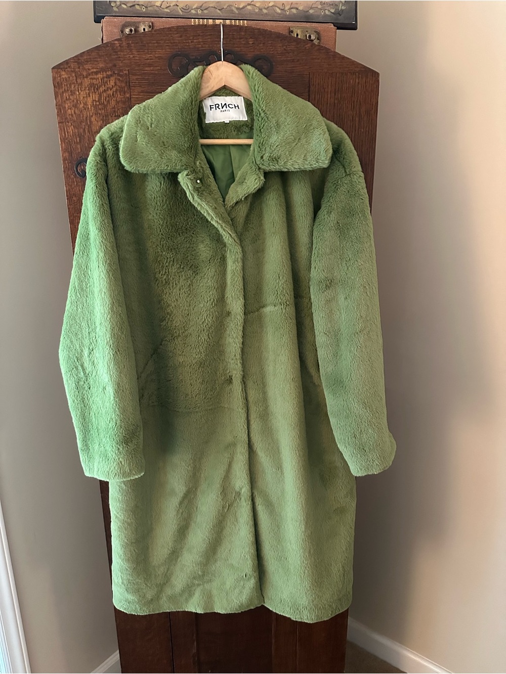 FRNCH Fabulous Green  Faux Fur Coat - Plush Maxi Women’s Jacket Size Large